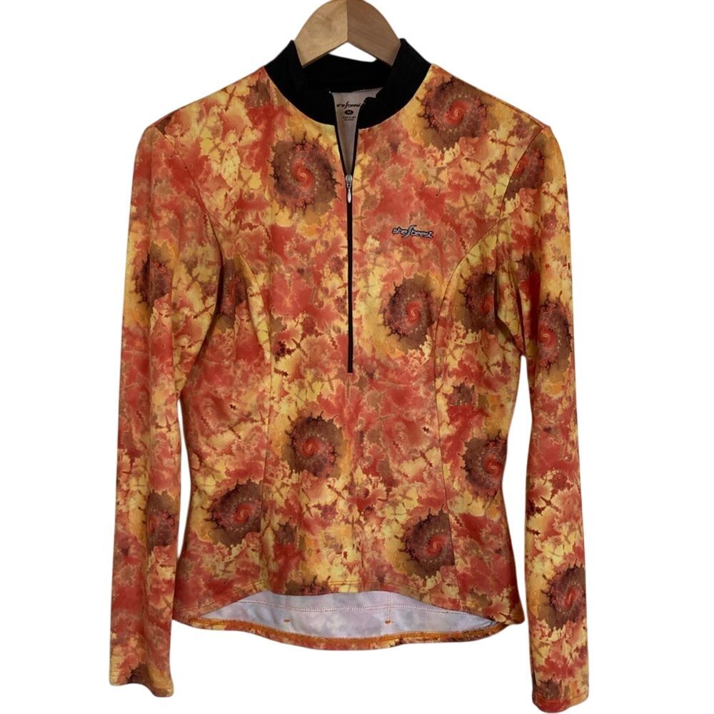 Shebeest Womens Orange Fractal Spiral Long Sleeve Cycling Jersey Size Medium USA